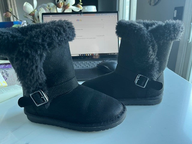 The Childrens Place Girls Buckle Faux Fur Chalet Boots Black Youth Girls Size 13