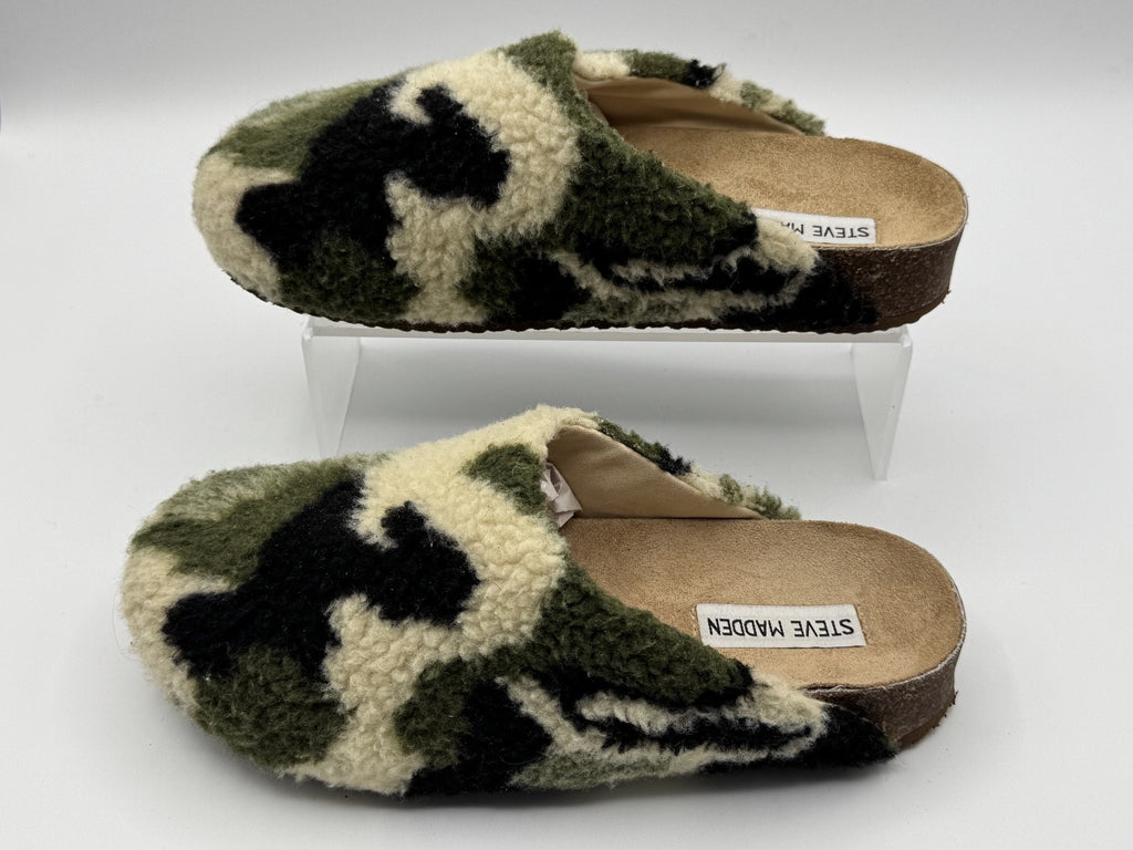 Steve Madden Women's 8 M Vesa Green Black Camouflage Sherpa Mule Slipper Clog