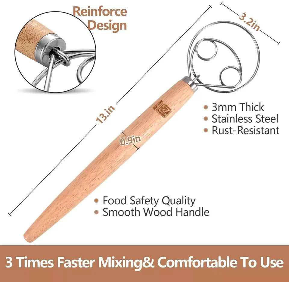 Original Danish Dough Whisk Dutch Style 13" Stainless Steel Lg. Wooden Hand NEW