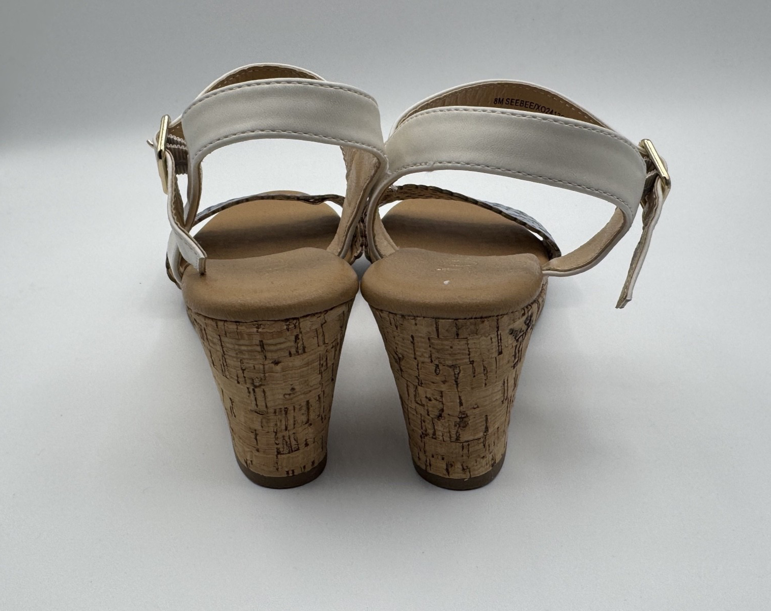 XOXO Woman's Wedge Sandal, Blue, White, Tan, Size 8M