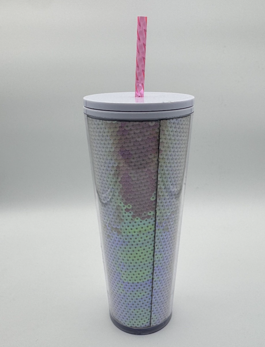 Starbucks 2020 Holiday White Pink Sequins 24oz  Cup Tumbler w/ New Straw